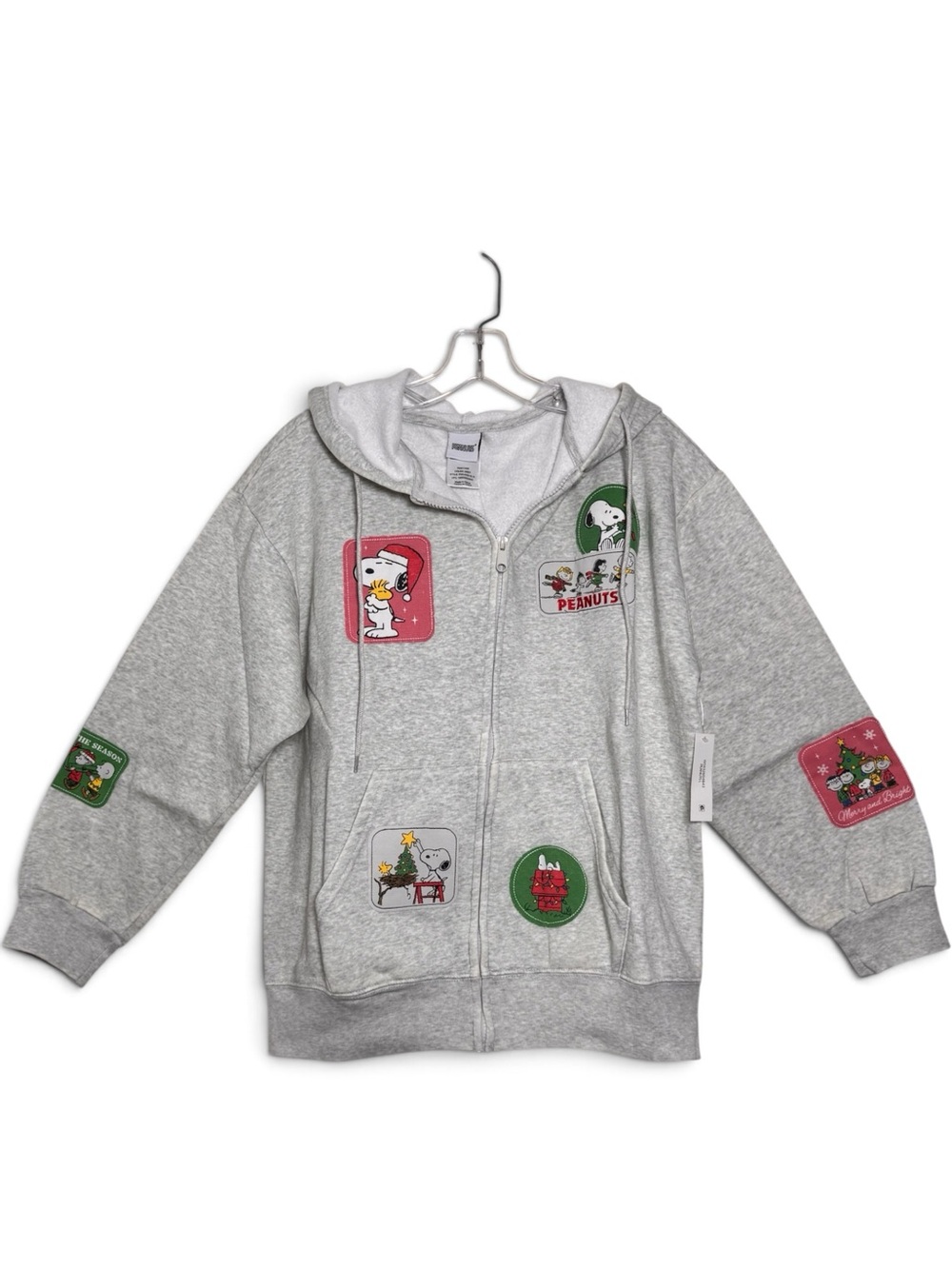 NWT Peanuts Snoopy Christmas Patch Full Zip Hoodie Women’s L Gray Cozy Holiday